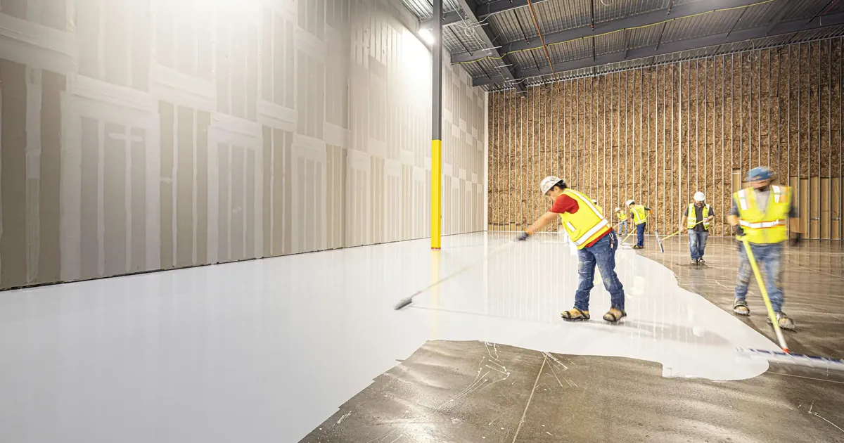 Workers applying a floor coating inside a large commercial building with high ceilings and exposed steel