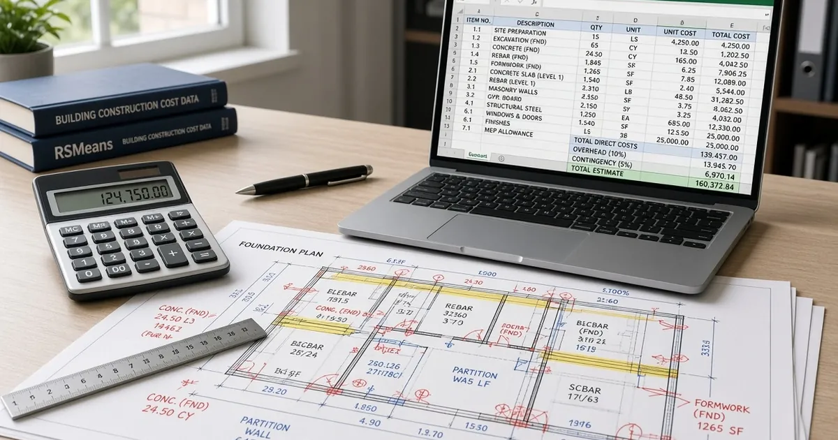 Estimating desk with a cost spreadsheet on a laptop, a calculator and a marked-up floor plan
