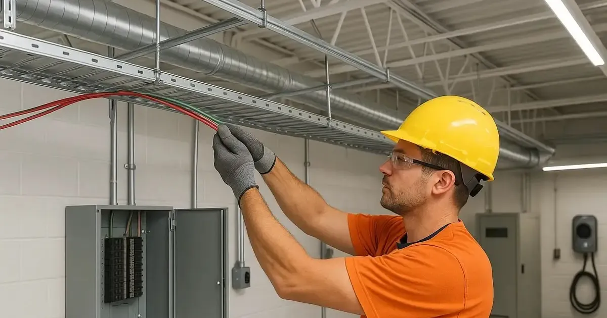 Electrician in a hard hat running cable to an electrical panel in a new commercial building