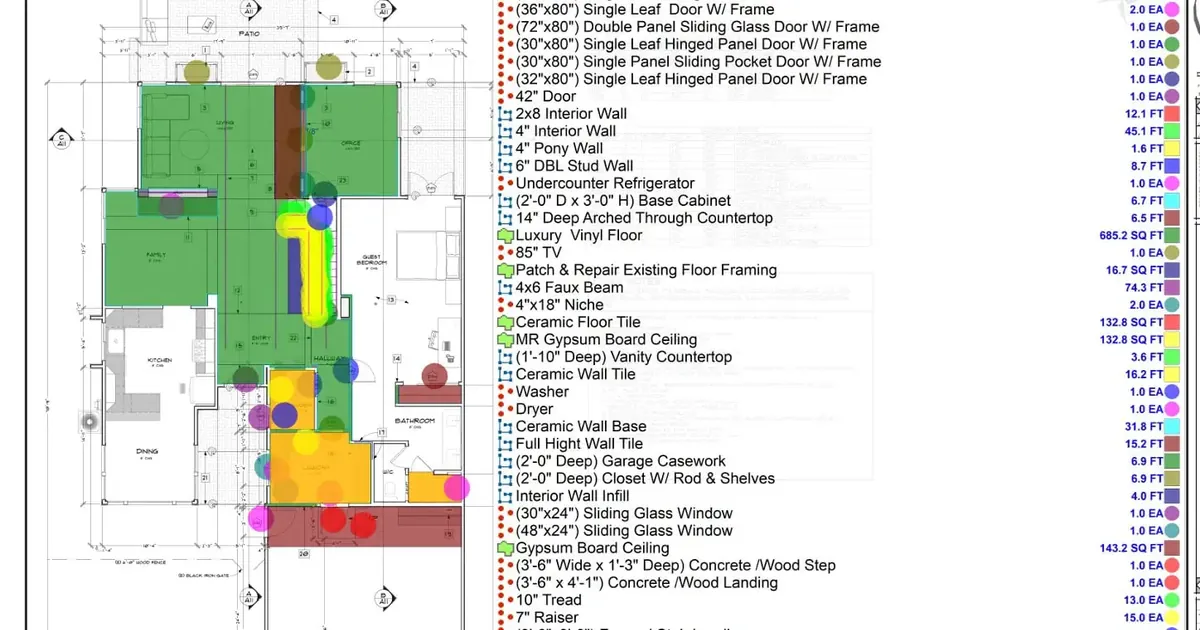 First-floor plan with color-coded areas and a quantity list from a digital area takeoff