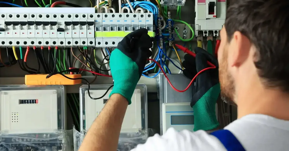 Electrician wearing gloves wiring breakers and terminals inside an electrical control panel