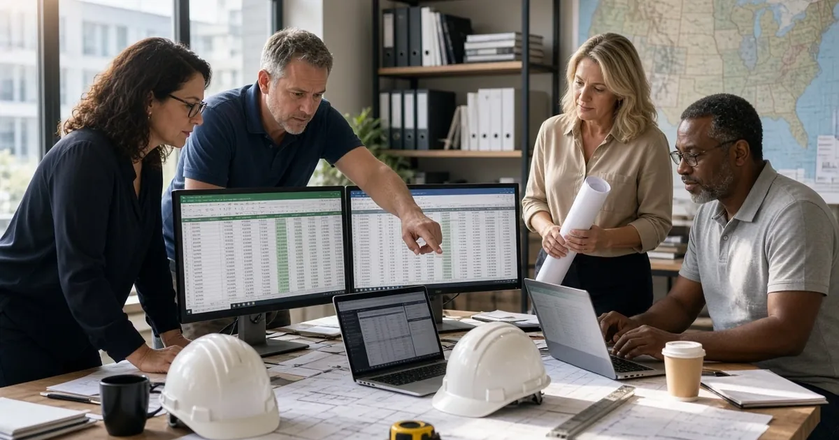 Estimating team reviewing spreadsheets and construction drawings together at an office table