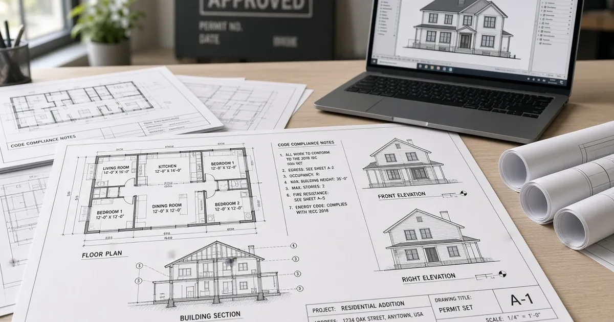 Residential floor plan, elevations and building sections spread on a desk beside a laptop showing a house model