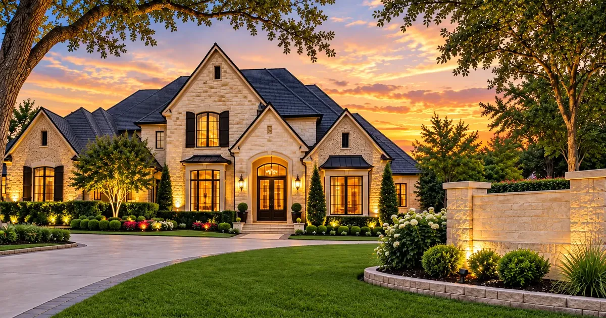 Newly completed two-story stone and brick custom home with landscaped front yard at dusk