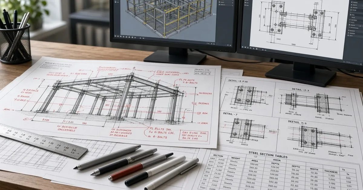 Structural steel framing drawings and connection details on a desk with a 3D steel model on the monitors